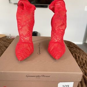 GIANVITO ROSSI Pizzo Stretch Lace Suede Tabasco Red Bootie Size 38 1/2